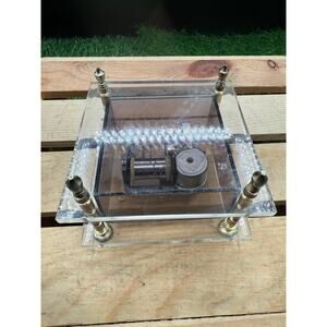 Vintage Sankyo Japan Clear Acrylic Music Box-Brass Accents Mid-Century